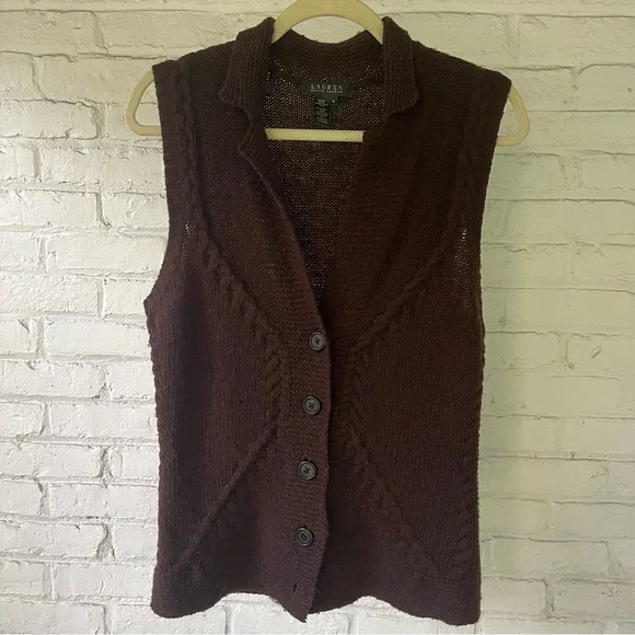 LAUREN RALPH LAUREN Wool Cashmere Blend Dark Brown Cable Knit Vest - Picture 2 of 8